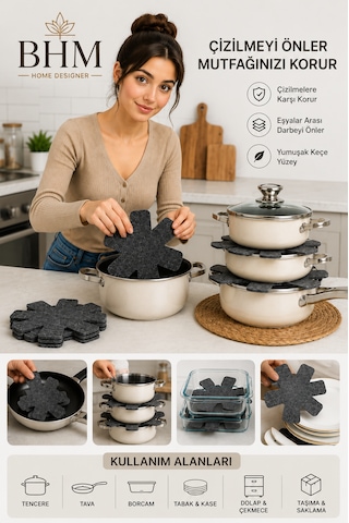 Kalın Keçe Tencere Tava Borcam Koruyucu 6'lı Set 30x30 Cm Çizdirmez Tencere Arası Ayırıcı Mutfak Düzenleyici Siyah