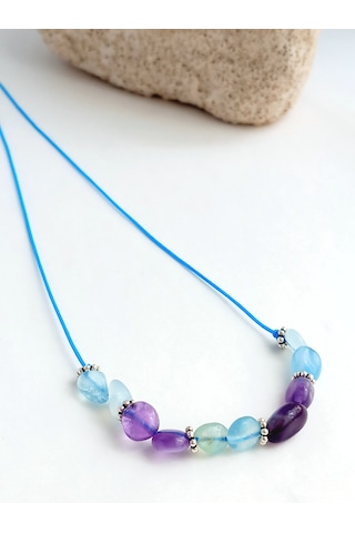 Keskin Gümüş Ametis Aquamarine Doğal Taşlı Mavi Çakra Choker Gümüş Kadın Kolye