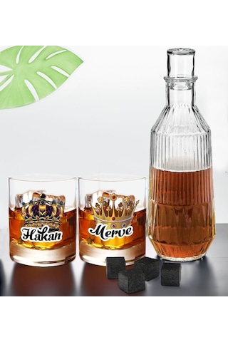 Bk Gift Kişiye Özel İsimli Dtf Kral Kraliçe Tacı Tasarımlı İkili Viski Kadehi, Viski Taşı Ve Karaf Seti, Arkadaşa Hediye, Sevgiliye Hediye Kobitmeyenc