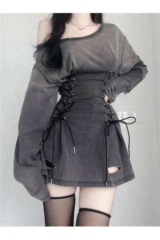 Yeni Fairycore Grunge Goth Korse Elbise Kadın Estetik Harajuku Streetwear Bandaj Ince Bodycon Elbise Y2k 90s Bağımsız Giysiler Koyu Gri