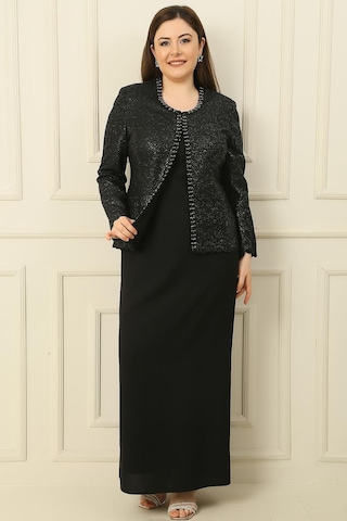 Yaka Taşlı Astarlı Uzun Krep Elbise Pullu Ceket Büyük Beden 2'li Takım-36241 Siyah