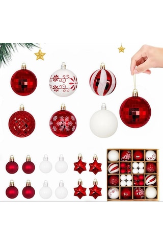 Moveevo 44 Adet 3-6 Cm Plastik Noel Topu, Elektroplated Kırmızı-beyaz Renkli, Ağaç Dekorasyon Aksesuarı Karton Kutuda