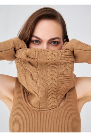 Peraluna Saç Örgü Kaşmir Karışım Kadın Triko Boyunluk Camel-Camel-Standart Camel