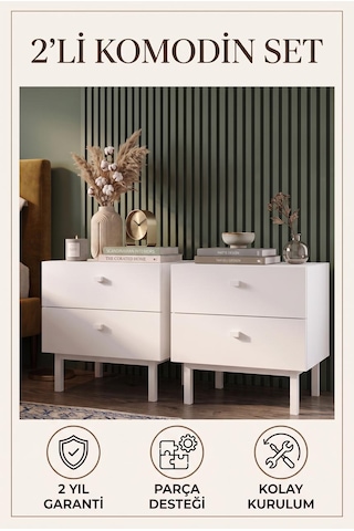 Robin Home 2'li Komodin Set 2 Çekmeceli Ahşap Ayaklı Beyaz