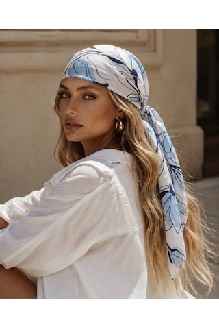 Trend Dokunuş Kadın 70-70 Saten Zambak Desenli Fular Bandana Mavi - Beyaz