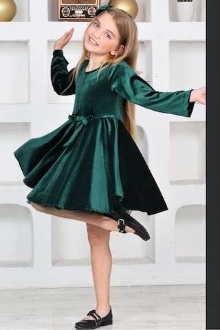 Kız Çocuk Kadife Elbise-içi Tüllü Ve Fiyonk Süslemeli 7-12 Yaş 12427 Petrol Yeşili