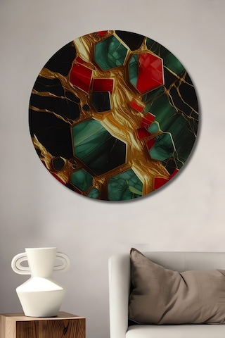 Altın Damarlı Yeşil Ve Kırmızı Yeşim Taşı Görünümlü Modern Sanat Ahşap Tablo Yuvarlak Duvar Tablosu