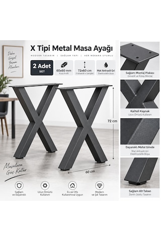 Evkolleksiyon X Tipi Metal Masa Ayağı 2 Li Takım 72x60 Cm 60x60 Profil Antrasit