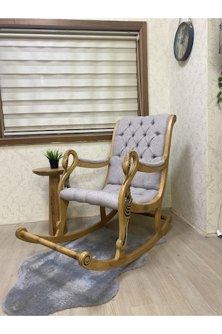 Asedia Vintage Kuğu Naturel Taş Rengi El Oyması Ahşap Sallanan Sandalye Dinlenme Koltuğu