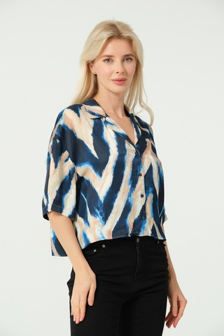 Saten V Yaka Crop Gömlek Multi Lacivert