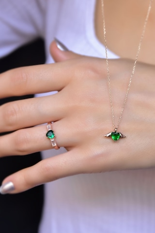 Papatya Silver 925 Ayar Gümüş Rose Kaplama Yeşim Renkli Kalp Kanat Kolye ve Ayarlanabilir Kalpli Prenses Yüzük Set