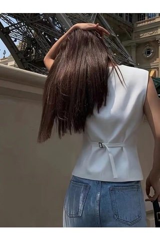 Sensuelle Kadın Sıfır Kollu Önden Düğmeli Atlas Yelek Beyaz