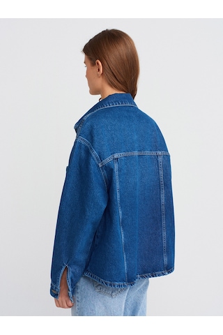 Dilvin 50749 Ön Bölümü Dikişli Oversize Denim Gömlek-mavi Mavi