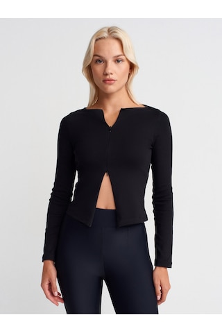 Dilvin 31993 Fermuar Detaylı Uzun Kollu Top-siyah Siyah