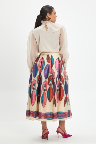 Kadın Desenli Midi Boy Etek - Canlı Renkli İşlemelerle Özel Gün Ve Günlük Kombinler İçin Şık Tasarım Bej