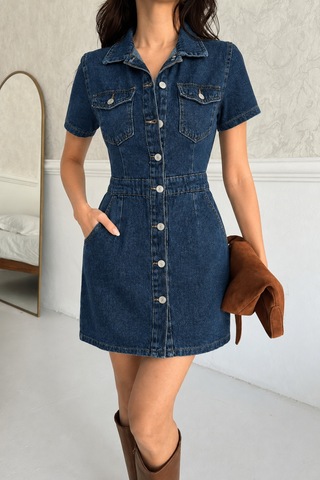 Kene Jeans Ön Arka Pensli Düğme Kapamalı Koyu Mavi Elbise Mavi