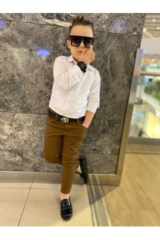 Modavals Erkek Çocuk 3 Parça Gabardin Pantolon & Gömlek & Kemer Kombin-beyaz-745236982 Taba