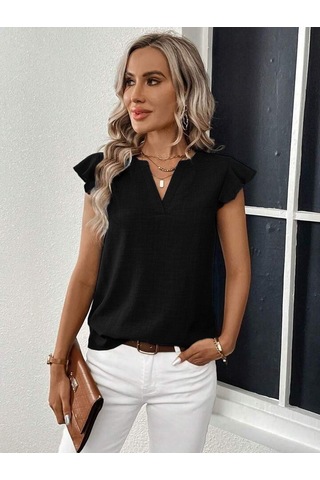 Munn Collection Kadın Kısa Kelebek Kollu V Yakalı Bluz Siyah