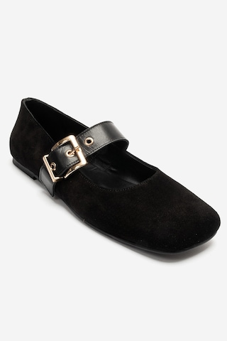 Luvi Shoes Jonas Siyah Süet Hakiki Deri Kemerli Kadın Babet Ayakkabı