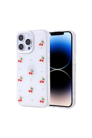 Goocamp İphone Uyumlu 14 Pro Kılıf Airbag Tasarımlı Simli Şeffaf Kutup Kapak - Kiraz Şeffaf