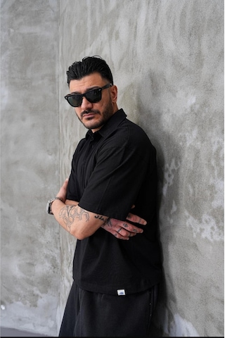Erkek Polo Yaka Oversize T-shirt SIYAH