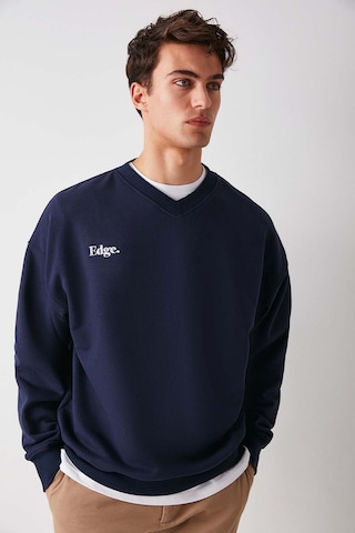 Grimelange Off Erkek Organik Pamuklu Yazı Nakış Detaylı V Yakalı Içi Polarsız Oversize Lacivert Sweatshirt