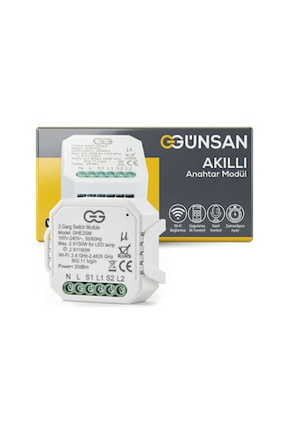 Günsan Akıllı Wifi Nötrlü Komütatör Röle 2 Kanal İkili Anahtar Modülü Tuya & Smart Life Uyumlu