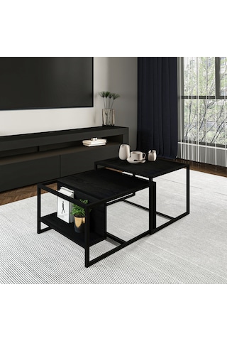 Batı 2 Li Modern Orta Sehpa Takımı Metal Ayaklı, Alt Raflı Siyah