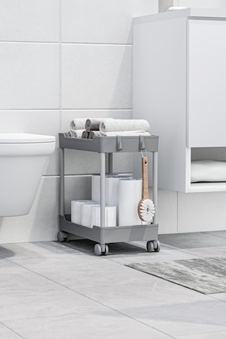 Gri 2 Katlı Tekerlekli Düzenleyici Mutfak Ve Banyo Rafı