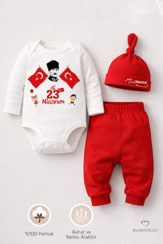 Babyden's İlk 23 Nisan Bayramı Bebek Takımı Atatürk Baskılı %100 Pamuk Uzun Kollu Body Pantolon Şapka Seti Kırmızı - Beyaz