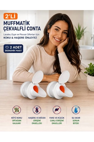 Eskaya 2'li Muffmatik Çekvalfli Conta - Lavabo Evye Pisuvar Sifonu Koku Ve Haşere Önleyici Çekvalf - 2 Adet Ekonomik Paket Beyaz