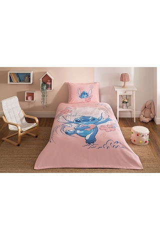 Özdilek Stitch Aloha Tek Kişilik Disney Lisanslı Lastikli Çarşaf Çocuk Pike Takımı Pembe