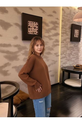 Mamayaga Kadın Dik Yaka Basic Uzun Kol Büyük Beden Curve Uyumlu Spor Şık Triko Kazak Kahverengi