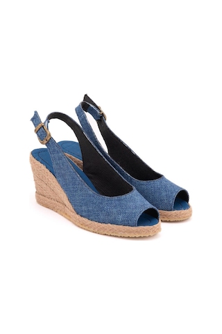 Gerçek Elişi Burnu Açık Arkası Bantlı Dolgu Topuk Mavi Keten Hasır Espadril Handmade Saks Mavi