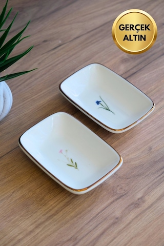 Tabak Evi Porselen Natura Karma Altın Yaldızlı Dikdörtgen Kayık Tabak 12x8,50cm 2 Parça Çok Renkli