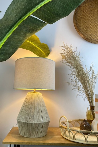 Buldan Bezi Başlıklı El Yapımı Jüt Abajur Koyu Krem