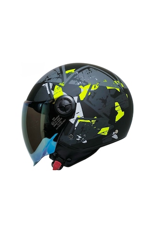 Motosiklet Yarım Kask Siyah Vizör R22.06 Sertifika Fiber Material Neon Camo Motor Kaskı Gri