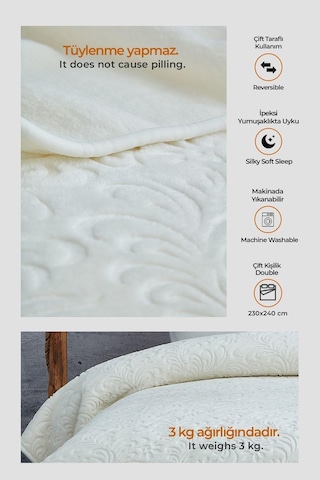 Evlen Home 3 Kg Embos Baskılı Pamela Kalın Çift Kişilik Battaniye 230x240 Cm Krem Krem