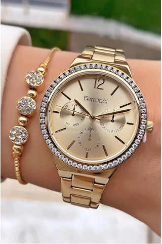 Ferrucci Gold Renk Çelik Zirkon Taşlı Kadın Kol Saati+bileklik Gold