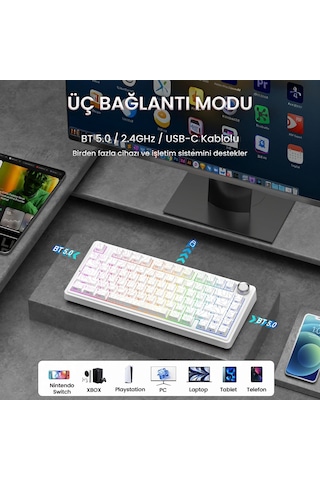 Aula F75 Mekanik Rgb Tkl Seiya Switch Kablosuz Makrolu Hot Swap Klavye Desenli Beyaz