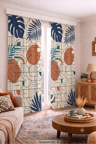 Modern Vintage Desenli Fon Perdesi 140x260 Cm 2 Kanat Dekoratif Dijital Baskılı Premium Salon Oturma Odası Yatak Odası Pencere Perdesi Bej