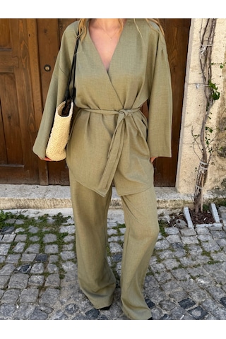 Laluvia Haki Tek Düğmeli Kuşaklı Kimono Takım - 007