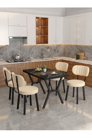 Azra 70x110cm Bendir Mutfak Masası, Mutfak Masası Takımı, Yemek Masası, 4 Krem Sandalye Krem