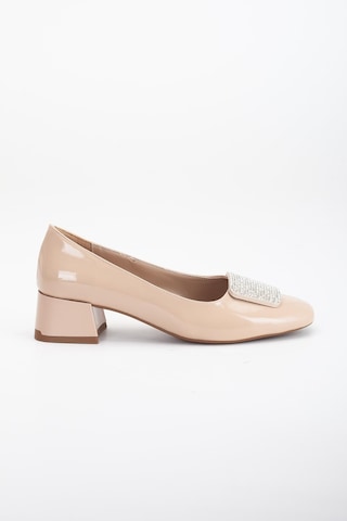 Büyük Numara Rugan Kare Taşlı Ten Kadın Kısa Topuklu Ayakkabı-3148-ten Ten