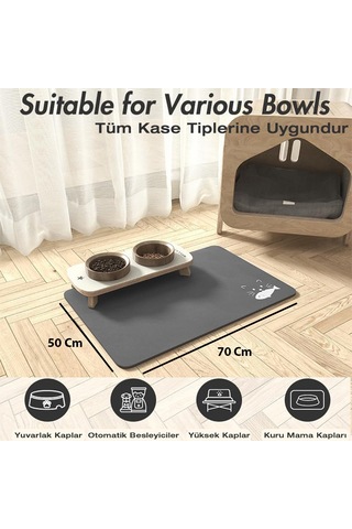 MatGo Pati Balık Figürlü Su Geçirmez Kaymaz Gri Kedi Köpek Mama Paspası 50 x 70 CM