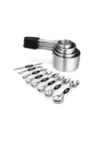 Gajeena Magnetik Paslanmaz Çelik Ölçü Kupa Ve Kaşık Seti 5 Kupa + 8 Çift Taraflı Kaşık + Düzeltici - 13 Parça Tam Ölçüm Aleti Gümüş