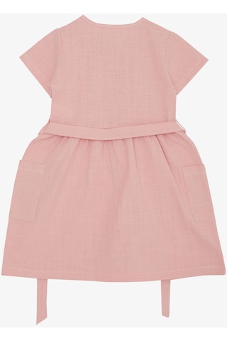 Breeze Kız Çocuk Keten Elbise Düğmeli Yanları Cepli 6-12 Yaş, Pembe-pembe Pembe