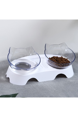 Lemestar Kedi Köpek İçin 15 Derece Eğimli Transparent Çift Kase - Boyun Omurga Koruyucu, Kulaak Yorgunluğunu Önleyen Plastik Besleme Tabağı Opp Paketli