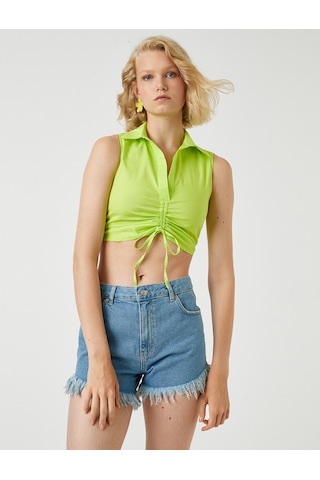 Koton Crop Poplin Bluz Kolsuz Büzgülü Polo Yaka Yeşil 2sak60334pw 2SAK60334PW817