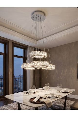 Modern Kristal Taşlı 3+1 Halka Sarkıt Led Avize Krom Gümüş - Krom